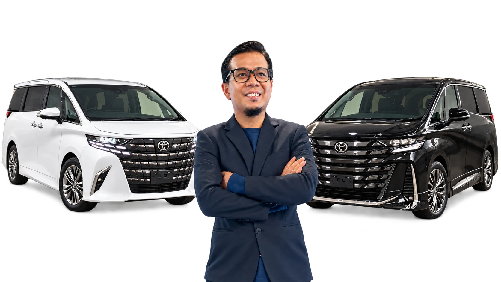 Zaim Rosli di tengah, Toyota Alphard putih di kiri dan Toyota Vellfire hitam di kanan